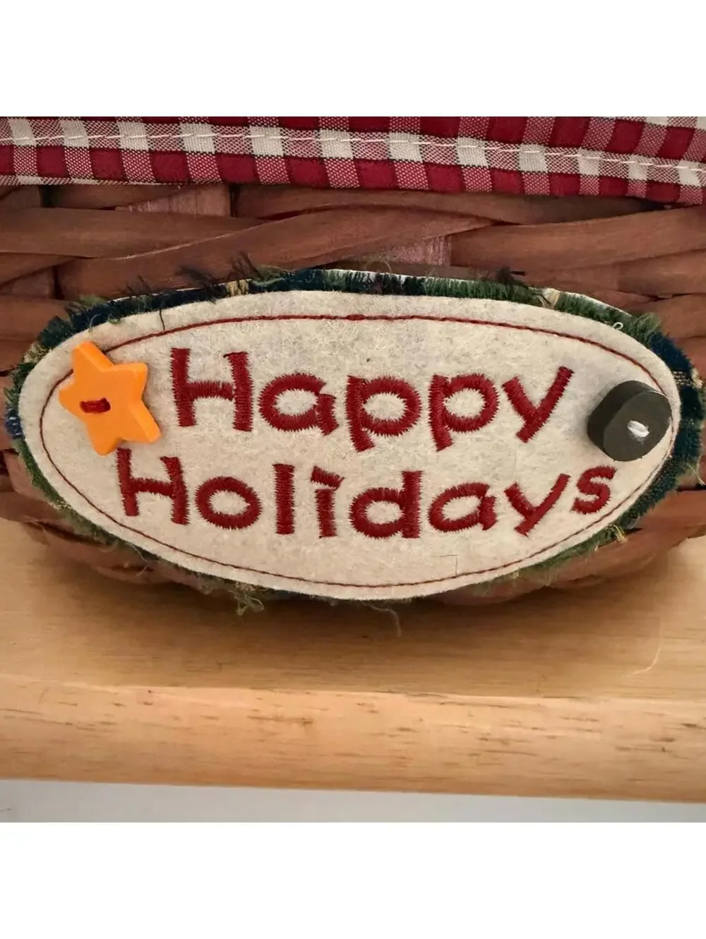 Vintage Country charm Christmas holiday basket with a red gingham fabric liner.